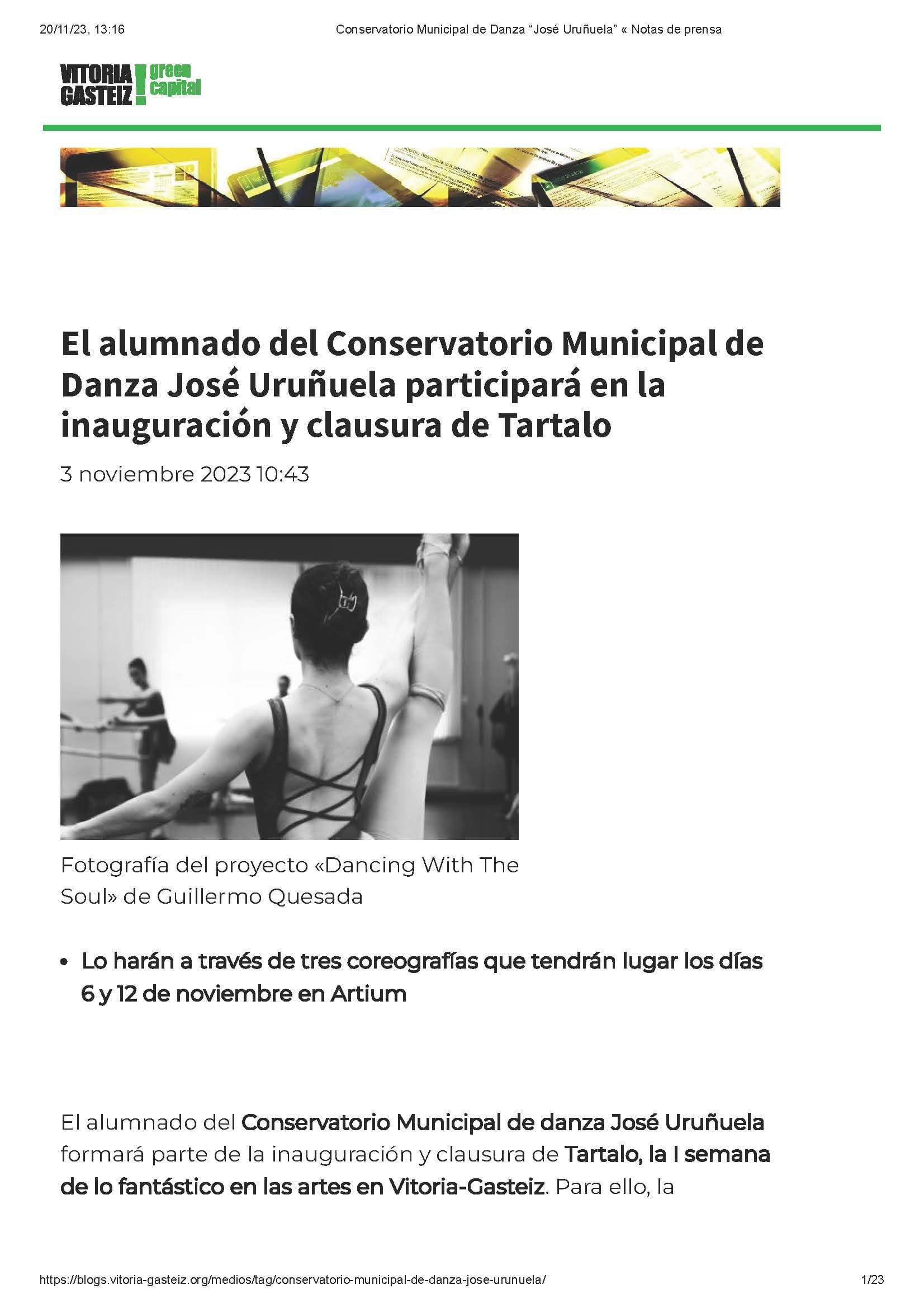 El alumnado del Conservatorio Municipal de Danza José Uruñuela participará en la inauguración y clausura de Tartalo
